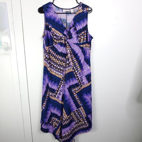 Chicos Dress Womens XL Size 3 Handkerchief Hem Colorful Midi Ruched Knit Resort - Picture 1 of 10